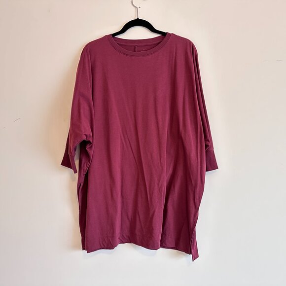 Muji Lightweight 3/4 Sleeve Loose-Fit Sweatshirt Tunic with Side Slits Dark Red - Picture 5 of 6